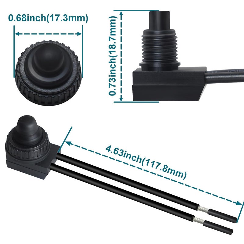 Gephynm 5PCS Waterproof Switch 12v, ON/Off SPST Waterproof Push Button Switch with 4.6 inch Lines for Auto, Motorcycle, RV, ATV and Boat (Black) KP-107 - Image 2